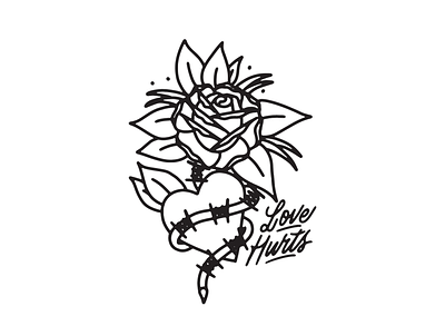 LOVE HURTS blackwork ignorant illustration lettering rose tattoo tattoo flash