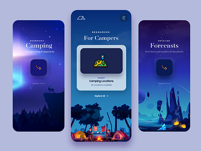 Camping Mobile App Design android app animation app app design branding camping dark ui fire hiking illustraion location minimal mobile mobile app design mountains product design typogaphy ui design weather app web design