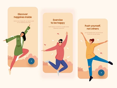 Wellness & Happiness On boarding android app design app ui colors discover gradient happiness illustration illustrations interaction mobile mobile app mobile design mobile ui onboarding onboarding screens product design typography ui design wellness