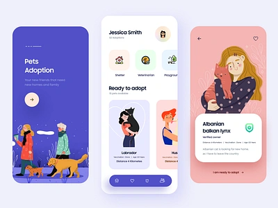 Pet Adoption Mobile App 2d 3d animal animation app branding care design flat gradient illustration minimal mobile pets print product design typogaphy ui ux web design