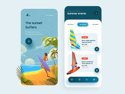 Summer Fest App Design android app app design app ui application design illustration minimal ocean product design sea summer sunset surf board surfing typography ui ux vector wave