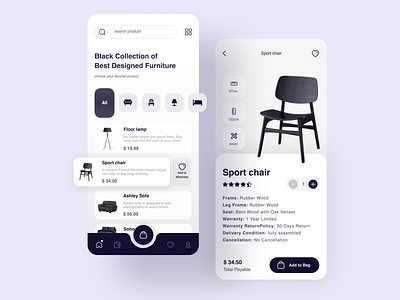 Black & White Ecommerce Concept add to bag app black black white black and white design ecommerce ecommerce app ecommerce design ecommerce shop furniture furniture app furniture design furniture store ui