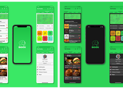 Food Delivery App Design app bigou branding colorful dark mode dark ui delivery delivery app delivery service design design app food app green logo minimal ui