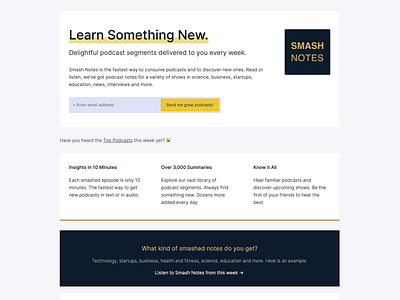 Smash Notes Landing Page June 16 2019 community insights learn learning app newsletter podcast podcast community podcast notes podcast summary podcasts small business