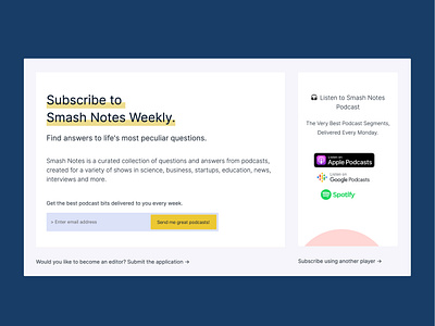 SmashNotes.com Subscribe Page interface listener newsletter podcast podcast notes podcast summary podcasting signup smash notes subscription