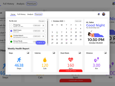 Dashboard Design- Task, Event and Health fitness Report