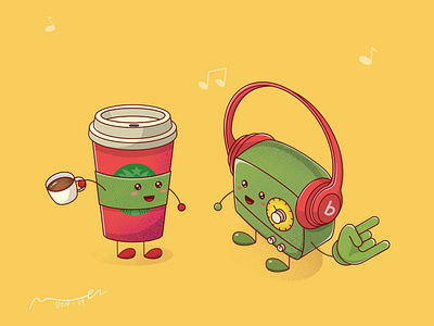 Wanna some music and coffee? buddies coffee cup drawing illustration speaker