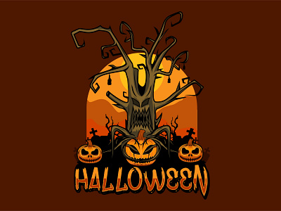 halloween theme evil tree design logo vector