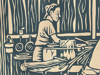 Doña Guadalupe campesina central america cooking elderly honduras kitchen latin america linocut poverty rural woodcut woodstove