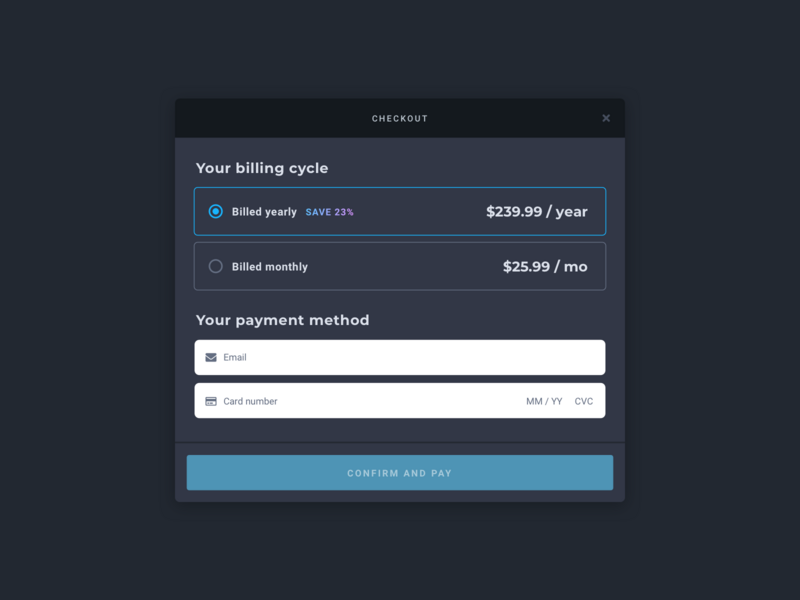 Pricing Page: Checkout Modal app checkout creator dark ui design ecommerce form interface minimal modal payment podcast pricing product purchase ui ux web web design webapp