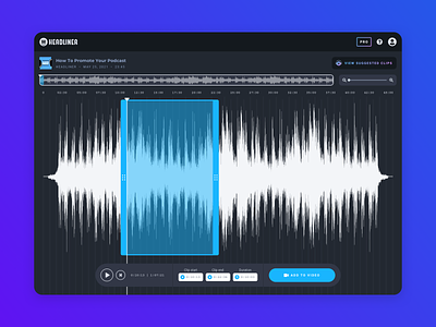 Podcast Clipper app app design audio clipper dark ui daw design editor interface minimal podcast product rss sound tech ui ux waveform web webapp