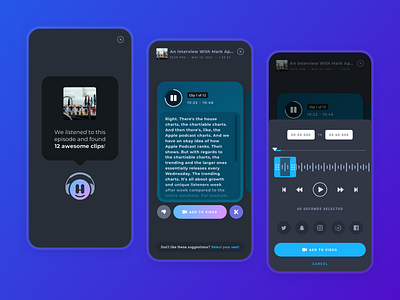 AI Suggested Podcast Clips, Mobile App ai algorithm android app app design artificial intelligence audio dark ui design interface ios machine learning minimal mobile app podcast product rss tech ui ux