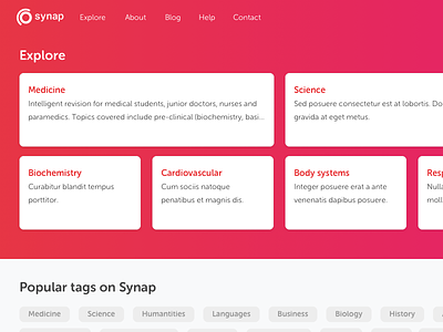 Synap - Explore page (education platform) ai categories education learning pink school synap tags