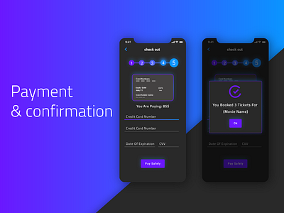Payment and confirmation UI screens check out cinema app confirmation screen credit card figma mobile app payment payment screen ui ui design ux design