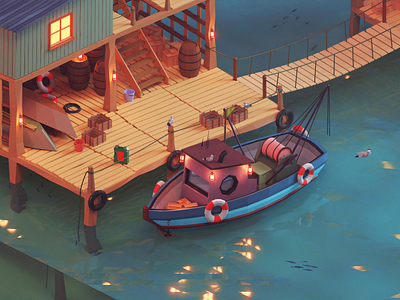 Fishing Station 3d blender boat design fishing game art illustration isometric lowpoly render sea vector
