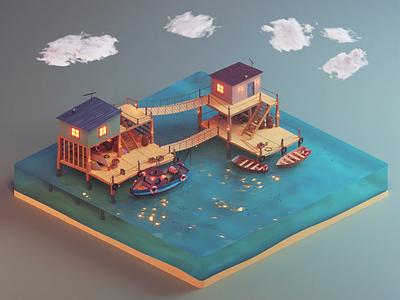 Full Fishing Station 3d blender boat bridge cloud design fishing game art illustration isometric lowpoly render sea vector