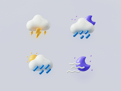 Weather Icons (Part 1) 3d blender branding cloud design illustraion lightning moon rain rainy render sun thunder vector weather weather icon wind
