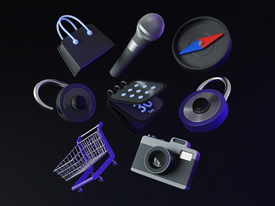 Iconly 3D 3d bag blender branding calendar camera clean compass dark design icon illustration lock microphone minimal render shopping shopping cart unlock vector