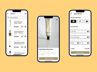 Sustainable Beauty | Products App Design app design beauty beauty brand brutalism checkout design inspiration make up minimal mobile mobile ui shop shopping shopping app sustainable ui