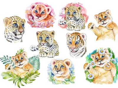 Watercolor cute animals africa african animal art animal logo animals baby baby shower babypink cute illustration lion plants room sticker stickers textile tiger tigers tropical watercolor