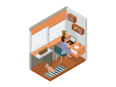 Workplace on the balcony balcony bright concept courses design devices freelancer illustration interior isometric isometry remote ui vector woman workplace