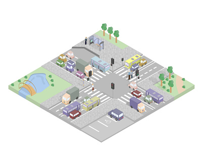 Busy intersection in the city center. car center city concept congestion illustration intersection isometric isometry rush hour traffic ui vector