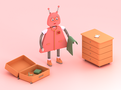 The robot is going on vacation 3d concept girl hard worker holiday illustration isometric isometry pink robot suitcase vacation