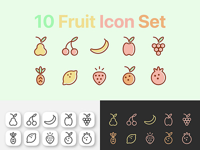 Set of 10 fruits icons for a mobile application.