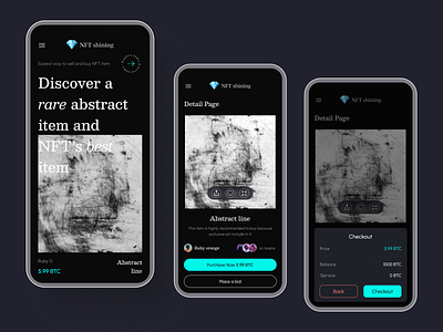 NFT Marketplace Mobile - Home & Detail Page app bitcoin crypto dark detail page home marketplace mobile nft trading ui