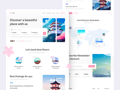 Travel Landing Page Detail book hotel clean web colorful web detail page footer illustration landing page subscription travel trip ui web design