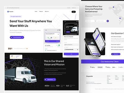 Ekspedisi - Cargo Transportation Landing Page cargo clean deliver delivery destination expedition footer landing page logistic map modern shipping social proof track tracker transportation ui ux web design website