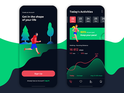 Activity Tracking Mobile App active activity analytic app dark dashboard feed fitness goal graph health iphone lifestyle mobile progress running signup statistic steps tracking