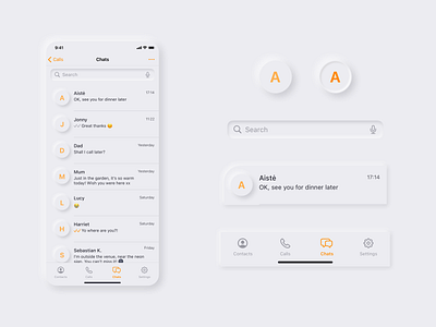 Messaging App | Components | Neumorphic app chat components design elements figma flat ios messaging messenger minimal minimalism mobile mockup neumorphic neumorphism psd sketch ui ux