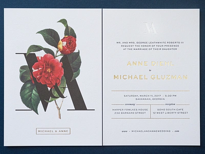 M&A Wedding Invites and RSVP flower foil stamp invitation letterpress print rsvp wedding