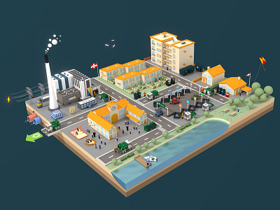 Vestforbrænding "Waste City" architecture buildings city factory island isometric low poly low poly lowpoly urban vehicles