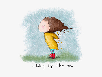 Living by the sea book illustration character design digital illustration digitalart greeting card design illustration kids illustration procreate rainy day seaside windy day