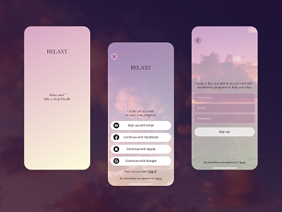 Relaxy | Daily UI 001 | Sign Up app dailyui dailyui001 first screen log in meditation mobile application registration relax sign up ui