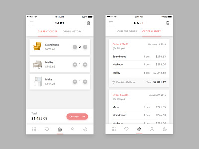 Furniture Shop App - Cart app cart furniture history ios order shop sidebar ui ux