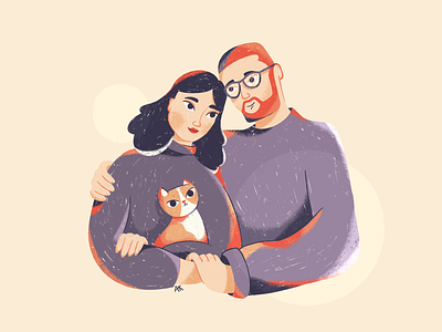 Young Family beard beige boy cat character colors comercial couple design family flat girl illustration love man minimal orange purple woman ypung
