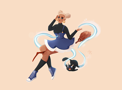 Young witch with a cat afro black blackcat blackcskin broom cat character characterdesign comercial dress fly girl hair illustration magic sneakers socks spell witch