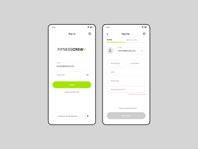 FitnessCrew App Login and Sign Up Screens