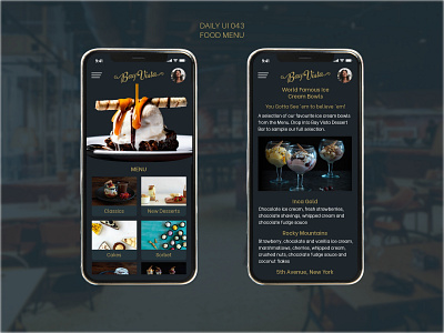 Daily Ui 043 Food Drink Menu 043 daily 100 daily 100 challenge dailyui dark theme ui desserts food and drink food menu icecream menu ui