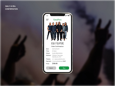 Daily Ui 054 - Confirmation 054 confirmation daily 100 daily 100 challenge dailyui foo fighters music music app purchase rock and roll ticket app ticket booking ui