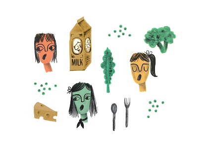 Cloth napkin illustration broccoli cheese eating food fork girls illustration kale milk mouth peas spoon