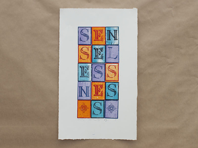 Senselessness 2.0 blue design hand lettering letterpress linoleum orange printmaking purple red texture type