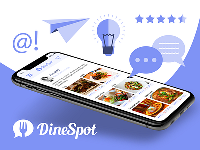 DineSpot app social media image app design icons illustrator mockup phone phone mockup purple share social media banner talk