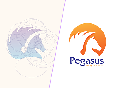 Pegasus Management Logo flying flying horse gradient horse horse logo logo logo creation logo design logo design concept orange pegasus pegasus logo purple
