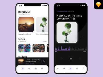 Podcast App UI app challenge dark ios iphone x menu minimal music player podcast soundwave toolbar uplabs