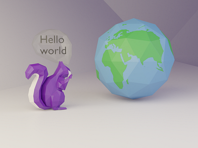 Hello World 3d animal blender character coding design graphic hello world illustration programming squirrel violet world