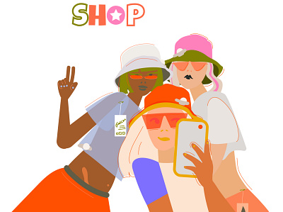 new hats colorful modern illustration colors girls good time hats illustration light mirror pretty selphie time together vector young youth